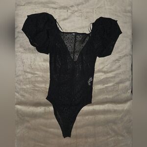 ZARA Black Mesh Polka Dot Puff Sleeve Bodysuit Size S Bloggers Favorite!